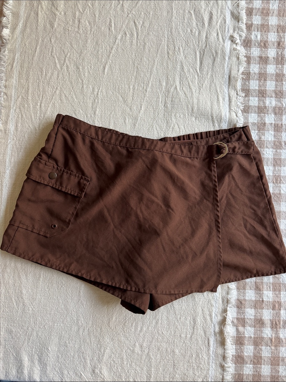 Brown Wrap-Front Utility Skort with Side Ring